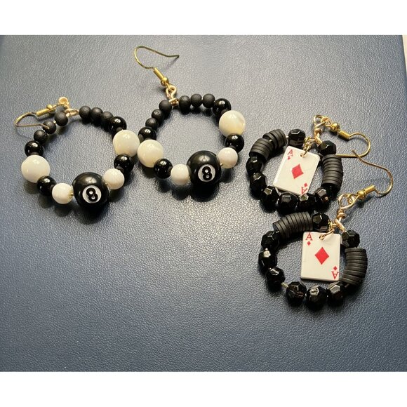 Beaded Dangle Black & White 8-Ball and Ace Card Earring Set 2 Pair Set - Picture 9 of 9